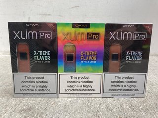 3 X VAPES TO INCLUDE OXVA XLIM PRO X-TREME FLAVOUR 20ML BROWN LEATHER VAPE WITH TOP FILL & LANYARD (PLEASE NOTE: 18+YEARS ONLY. ID MAY BE REQUIRED): LOCATION - E0