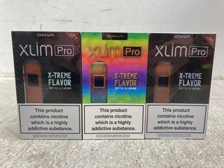 3 X VAPES TO INCLUDE OXVA XLIM PRO X-TREME FLAVOUR 20ML GREY LEATHER VAPE WITH TOP FILL & LANYARD (PLEASE NOTE: 18+YEARS ONLY. ID MAY BE REQUIRED): LOCATION - E0