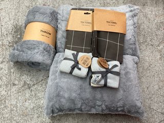 6 X HOUSEHOLD ITEMS TO INCLUDE MYGG BLOM GREY FLUFFY THROW 130X170CM: LOCATION - H3