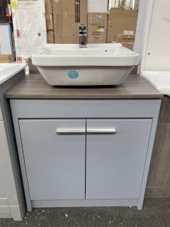 (COLLECTION ONLY) FLOOR STANDING 2 DOOR COUNTER TOP SINK UNIT IN LIGHT GREY & BROWN GREY AVOLA 750 X 480MM WITH A 1 TH CERAMIC BASIN COMPLETE WITH A MONO BASIN MIXER TAP & CHROME SPRUNG WASTE - RRP £