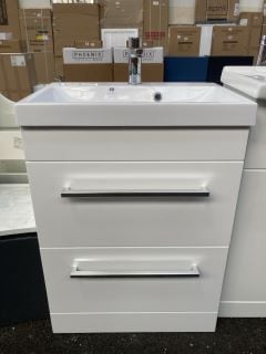 (COLLECTION ONLY) FLOOR STANDING 2 DRAWER SINK UNIT IN WHITE WITH A 600 X 400MM 1TH POLYMARBLE BASIN COMPLETE WITH A MONO BASIN MIXER TAP & CHROME SPUNG WASTE - RRP £730: LOCATION - A2