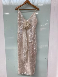 KAREN MILLEN SEQUIN ROSETTE PLUNGE WOVEN MAXI DRESS IN IVORY UK SIZE 12 RRP £125: LOCATION - C17