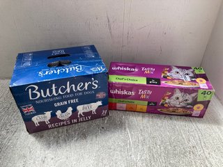 40 X WHISKAS TASTY CHEFS CHOICE MIX ADULT CAT FOOD POUCHES BBE 02/2026 TO INCLUDE 24 CANS OF BUTCHERS GRAIN FREE MEATY RECIPE ADULT DOG FOOD BBE 08/2026: LOCATION - C15