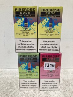 4 X ASSORTED FLAVOURS OF FIREROSE 5000 VAPE NIC SALTS TO INCLUDE BLUEBERRY POMEGRANATE NIC SALTS 10PCS (PLEASE NOTE: 18+YEARS ONLY. ID MAY BE REQUIRED): LOCATION - C12