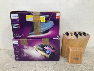 2 X PHILIPS AZUR STEAM IRON 8000 SERIES TO INCLUDE ROCKINGHAM FORGE SHARP'N RUBBER WOOD 5-PIECE SELF SHARPENING KNIFE BLOCK SET: LOCATION - WA 3