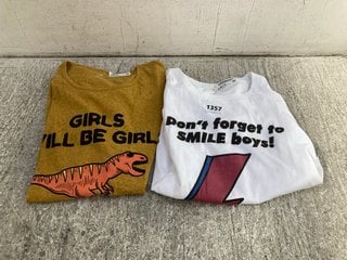 WOMENS "DON'T FORGET TO SMILE BOYS! T-SHIRT IN WHITE UK SIZE 18 TO INCLUDE REMILL ORGANIC COTTON T-SHIRT IN SUNFLOWER YELLOW UK SIZE 18: LOCATION - C7