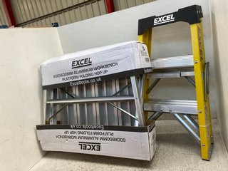 EXCEL FIBREGLASS STEP LADDER EN131 TO INCLUDE 600MM X 600MM ALUMINIUM WORKBENCH PLATFORM FOLDING HOP UP: LOCATION - C4