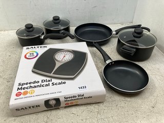 SET OF 5 COOKING PANS WITH LIDS TO INCLUDE SALTER SPEEDO DIAL MECHANICAL SCALE: LOCATION - C4