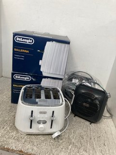 2 X DELONGHI BALLERINA 4 SLICE TOASTERS TO INCLUDE 2 X DELONGHI CAPSULE HOBBY 2.4KW FAN HEATER: LOCATION - WA 11