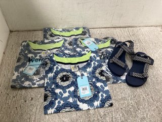 4 X WEIRD FISH PAW PAW ORGANIC PRINTED JERSEY T-SHIRT IN PALE BLUE UK SIZE 12/10/8 TO INCLUDE TREK WEBBING SANDAL IN NAVY UK SIZE 5: LOCATION - A6