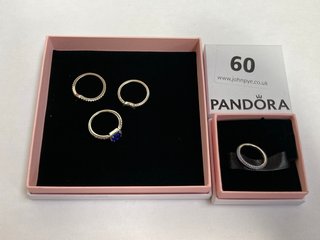 4 X ASSORTED PANDORA SILVER RINGS TO INCLUDE PANDORA SQUARE SPARKLE HALO RING WITH BLUE CRYSTAL COMBINED RRP £160: LOCATION - WA 1