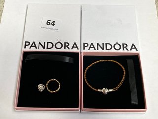 3 X ASSORTED PANDORA JEWELLERY ITEMS TO INCLUDE PANDORA DISNEY THE LION KING CLASP BRAIDED LEATHER BRACELET IN BROWN: LOCATION - WA 1