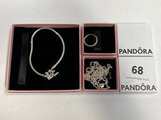 3 X ASSORTED PANDORA JEWELLERY ITEMS TO INCLUDE PANDORA MOMENTS ASYMMETRIC STAR T-BAR SNAKE CHAIN BRACELET COMBINED RRP £145: LOCATION - WA 1