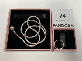 PANDORA MOMENTS SNAKE CHAIN SILVER NECKLACE TO INCLUDE PANDORA MUM PAVE HEART SILVER RING COMBINED RRP £160: LOCATION - WA 1