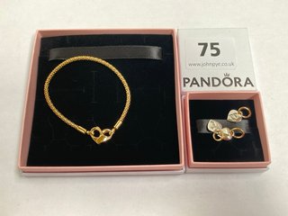 PANDORA MOMENTS STUDDED CHAIN GOLD PLATED BRACELET TO INCLUDE 3 X PANDORA FRIENDSHIP HEART TAG DANGLE CHARMS COMBINED RRP £170: LOCATION - WA 1