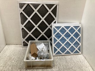 3 X AIR FLOW FILTERS TO INCLUDE QTY OF ASSORTED HARDWARE ITEMS TO INCLUDE 30 PACK LOOSE LEAF BIND RINGS & QTY OF BRASS WOOD BRACKETS: LOCATION - B 11