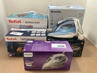 QTY OF ASSORTED IRONS TO INCLUDE TEFAL TURBO PRO ANTI-CALC+ 3000W STEAM IRON: LOCATION - AR11