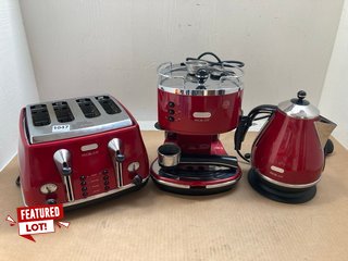 DELONGHI ICONA MICALITE RED TRADITIONAL ESPRESSO MAKER - MODEL: ECOM311.R WITH MATCHING KETTLE AND 4 SLICE TOASTER - COMBINED RRP: £474.97: LOCATION - AR13