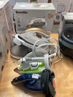 5 X ASSORTED STEAM IRONS TO INCLUDE BREVILLE DIAMOND XPRESS STEAM IRON & TEFAL ULTRAGLIDE STEAM IRON: LOCATION - A6