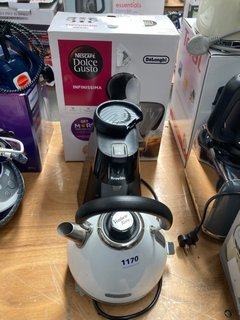 DELONGHI NESCAFE DOLCE GUSTO INFINISSIMA COFFEE POD MACHINE TO INCLUDE MORPHY RICHARDS VENTURE RETRO KETTLE IN WHITE & BREVILLE HOTCUP HOT WATER DISPENSER: LOCATION - A7