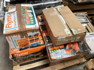 QTY OF ASSORTED GARDEN TOOLS AND ITEMS TO INCLUDE FLYMO TURBO LITE LAWNMOWER AND FLYMO EASISTORE 380R LAWNMOWER: LOCATION - A3