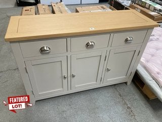 3 DRAWER 3 DOOR STORAGE SIDEBOARD IN NATURAL LIGHT OAK AND LIGHT GREY FINISH: LOCATION - B1