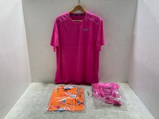 3 X PINK NIKE MENS FOOTBALL TOPS IN SIZE L WITH DESIGUAL ORANGE BUTTON SHIRT IN SIZE XL: LOCATION - A8