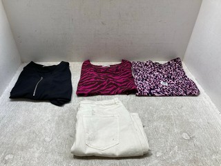 QTY OF WOMEN'S CLOTHING INCLUDING CREAM MIDI SKIRT SIZE 12 REGULAR WITH PAPAYA PURPLE LEOPARD PRINT SHIRT SIZE 14: LOCATION - A10