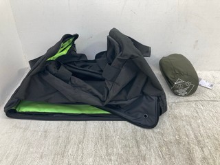 BLACK AND GREEN SHOULDER CARRY BAG TO INCLUDE MOUNTAIN WAREHOUSE WATERPROOF JACKET IN LARGE: LOCATION - B6