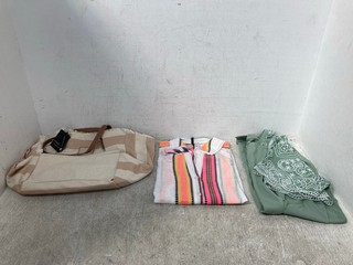 QTY OF ASSORTED WOMEN'S CLOTHING IN SIZE 14 ALSO TO INCLUDE RIVER ISLAND BEIGE FABRIC BEACH BAG: LOCATION - B5