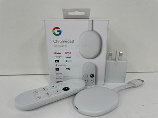 GOOGLE CHROMECAST WITH GOOGLE TV (HD) STEAMING DEVICE IN SNOW: MODEL NO GA03131-GB (WITH BOX, POWER CABLE, REMOTE & BATTERIES) [JPTM118118]. THIS PRODUCT IS FULLY FUNCTIONAL AND IS PART OF OUR PREMIU