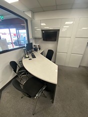 OFFICE DESK AND CHAIRS INCLUDING GREY WALL CABINETS