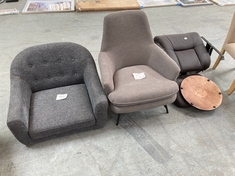 3 X ASSORTED CHAIRS TO INCLUDE DARK GREY FABRIC ARMCHAIR WITH BUTTON EFFECT