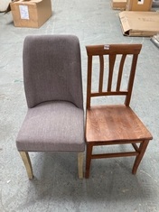 DARK WOODEN DINING CHAIR TO INCLUDE DARK GREY FABRIC DINING CHAIR WITH WOODEN LEGS