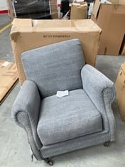 COX & COX DARK GREY FABRIC ARMCHAIR TO INCLUDE COX & COX CAMILLE DRESSING TABLE IN GREY - ITEM NO. 1225233 - RRP £575 (KERBSIDE PALLET DELIVERY)