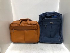 LUGG BLUE 2 WHEEL TRAVEL CASE TO INCLUDE BROWN LEATHER 2 WHEEL TRAVEL BAG