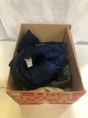 BOX OF ASSORTED ADULT BRANDED CLOTHING TO INCLUDE ADIDAS PUFFER JACKET NAVY SIZE 36/38