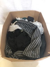 BOX OF ASSORTED ADULT CLOTHING TO INCLUDE NEW LOOK KNIT CARDIGAN DARK GREY SIZE SM