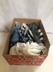 BOX OF ASSORTED ADULT CLOTHING TO INCLUDE FASHION EGO SHORTS GREY SIZE 30