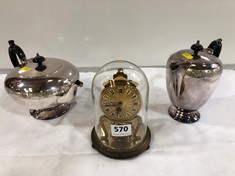 A SILVER PLATED COFFE AND TEA POT AND A DOMED MANTLE CLOCK