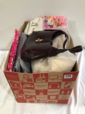 BOX OF ASSORTED BAGS TO INCLUDE H&M BURGUNDY PATENT SHOULDER BAG