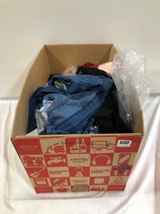 BOX OF ASSORTED ADULT CLOTHING TO INCLUDE DENIM JEANS FLARE BOTTOMS BLUE WITH EMBROIDERED FLOWERS SIZE XXL