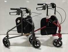 2 X NRS HEALTHCARE 3-WHEELED ALUMINIUM ROLLATOR - RED AND DARK GREY/BLACK - RRP £130/EACH