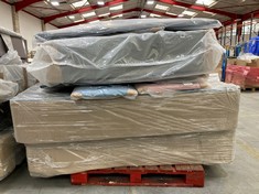 PALLET OF ASSORTED BED PARTS TO INCLUDE BED HEADBOARD IN VELVET PINK 2 OF 2 (KERBSIDE PALLET DELIVERY)