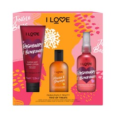 20 X I LOVE TRIO OF TREATS FABULOUSLY FRUITY, RASPBERRY AND BLACKBERRY HAND LOTION 75ML, MANGO AND PAPAYA BATH AND SHOWER CRÈME 100ML, RASPBERRY AND BLACKBERRY BODY SPRITZER 100ML - TOTAL RRP £166: L