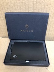 QUANTITY  OF ASSORTED ITEMS TO INCLUDE AKIELO RFID BLOCKING CARD HOLDER WITH GIFT BOX – MINIMALIST MENS CARD WALLET – CONTACTLESS CREDIT CARD PROTECTOR (ALPHA - BLACK EDITION): LOCATION - E