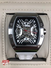 MENS AUTOMATIC DESCHAMPS & CO WATCH SKELETON DIAL GLASS EXHIBITION CASE WHITE RUBBER STRAP WOODEN GIFT BOX RRP £925: LOCATION - A RACK