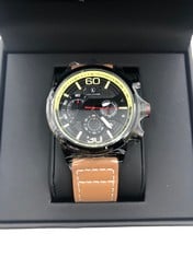 MENS LOUIS LACOMBE CHRONOGRAPH WATCH 3ATM WATER RESISTANT BLACK CASE BROWN LEATHER STRAP RRP £395: LOCATION - A RACK