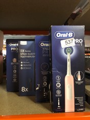 QUANTITY OF ITEMS TO INCLUDE ORAL-B PRO 1 ELECTRIC TOOTHBRUSH FOR ADULTS WITH 3D CLEANING, 1 TOOTHBRUSH HEAD, GUM PRESSURE CONTROL, 2 PIN UK PLUG, PINK: LOCATION - E RACK