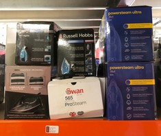 QUANTITY OF ITEMS TO INCLUDE RUSSELL HOBBS MY IRON STEAM IRON, CERAMIC SOLEPLATE, 260ML WATER TANK, 120G STEAM SHOT, 28G CONTINUOUS STEAM, SELF-CLEAN FUNCTION, 2M CORD, VERTICAL AND VARIABLE STEAM, 1